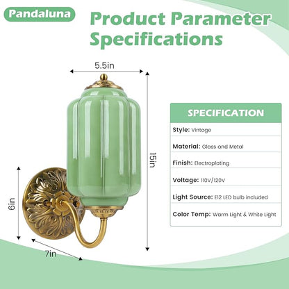 Vintage Wall Sconce, Green Milk Glass Light Fixture, 5.5In Art Deco Antique Wall Sconce for Bedroom Bathroom Living Room Hallway Entryway, E12 LED Bulb Included, Antique Gold & Green 1 Pack