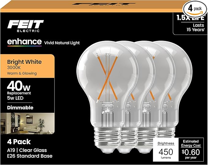 Feit Electric A19 LED Filament Light Bulbs, 40W Equivalent, 3000K Bright White, 450 Lumens, Dimmable, 90+ CRI, 17,000-Hour Life, Vintage Style, A1940CL930CA/FIL/4, 4-Pack