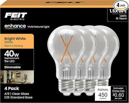 Feit Electric A19 LED Filament Light Bulbs, 40W Equivalent, 3000K Bright White, 450 Lumens, Dimmable, 90+ CRI, 17,000-Hour Life, Vintage Style, A1940CL930CA/FIL/4, 4-Pack