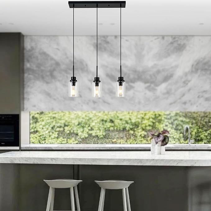 3-Lights Pendant Light Fixtures, Modern Black Kitchen Island Lighting with Clear Glass Shade, Adjustable Hanging Ceiling Lamp