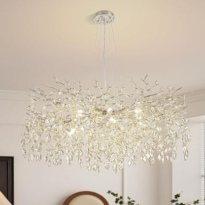 Modern Tree Branch Crystal Chandelier 40" Sliver Luxury Large Pendant Lighting 15-Light Contemporary K9 Crystal Chandeliers for Dining Room Kitchen Living Room Foyer Entryway (Sliver, D40"-Round)