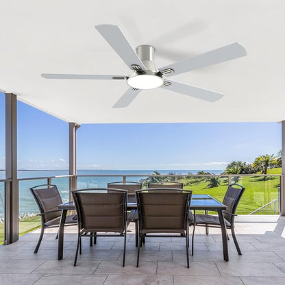SNJ 60 Inch Brushed Nickel Ceiling Fans with Lights and Remote,Flush Mount Low Profile 5 Blades Ceiling Fan,Dimmable Quiet Reversible DC Motor for,Living Room,Bedroom and Patio