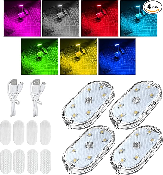KVAEY 4 PCS Car LED Lights Interior Wireless, 7 Colors Magnetic Auto Ambient Light with 6 Bright LED Lamp Beads, Portable USB Rechargeable Vehicle Interior Led Night Light (Colorful, Sticky, 4pcs)