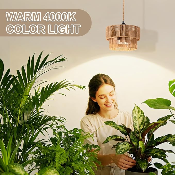 Hanging Grow Light for Indoor Plants, 30W Full Spectrum 4000K Plug-in Pendant Grow Lamp with Timer, 15FT Cord, Adjustable Hanging Kit for Tall Plants, Seedlings, Succulents