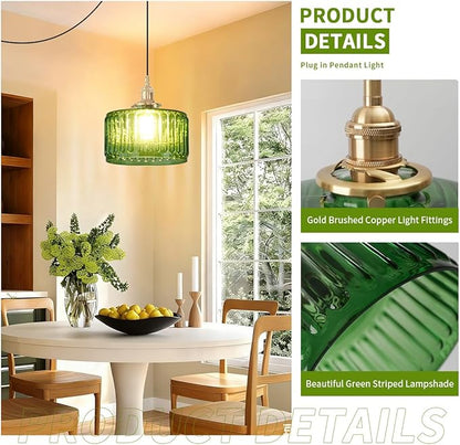 Plug in Pendant Light Green Glass Pendant Lamp Striped Glass Shade Vintage Plug in Ceiling Hanging Lamp 1-Light with Plug in Cord Swag Ceiling Light for Kitchen Island Living Room