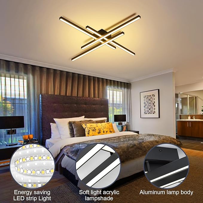 Black Modern LED Ceiling Light Fixtures with Remote 3000K/4500K/6000K Close to Ceiling Lights Creative Design Ceiling Lamp for Bedroom Kitchen Living Room Dining Room (64W, 4 Lights)