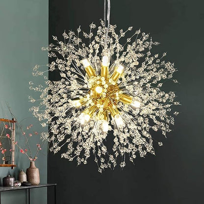 Modern Dandelion Firework Chandelier, Gold Dining Room Chandelier, Crystal Hanging Pendant Lighting Fixture for Living Room, Bathroom, Bedroom, Entryway, 12-Light