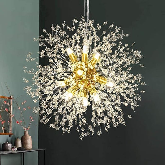 Modern Dandelion Firework Chandelier, Gold Dining Room Chandelier, Crystal Hanging Pendant Lighting Fixture for Living Room, Bathroom, Bedroom, Entryway, 12-Light