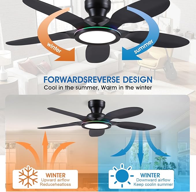 Kviflon Ceiling Fans with Lights and Remote/APP Control, 52 inch Low Profile Ceiling Fans with Dimmable White + RGB Ring Lights, 6 Speeds 5 Curved Blades for Kids Room Bedroom Bar, Black
