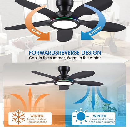 Kviflon Ceiling Fans with Lights and Remote/APP Control, 52 inch Low Profile Ceiling Fans with Dimmable White + RGB Ring Lights, 6 Speeds 5 Curved Blades for Kids Room Bedroom Bar, Black