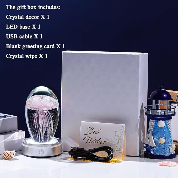 Handmade Jellyfish Lamp – Crystal Glass Figurine Colorful LED Night Light, Ocean-Themed Desk Decor, Aquarium & Beach Room Decor – Gifts for Women Nature Lovers (Pink)