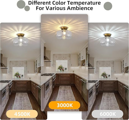Gold Semi Flush Mount Ceiling Light, Luxury Close to Ceiling Light Fixtures with Transparent Glass Shade, Round Light Fixtures Ceiling Mount for Bathroom Dining Room Bedroom Living Room Hallway, E26