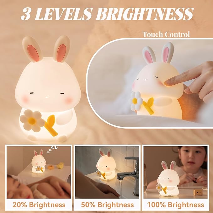 Rabbit Night Light for Kids, Cute Bunny Lamp Gifts for Boys and Girls, Touch Dimmable Squishy Silicone Night Light for Baby Nursery Toddler, Rechargeable Animal Lamp Kawaii Kids Room Decor (Bunny)