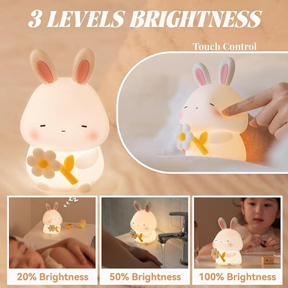 Rabbit Night Light for Kids, Cute Bunny Lamp Gifts for Boys and Girls, Touch Dimmable Squishy Silicone Night Light for Baby Nursery Toddler, Rechargeable Animal Lamp Kawaii Kids Room Decor (Bunny)