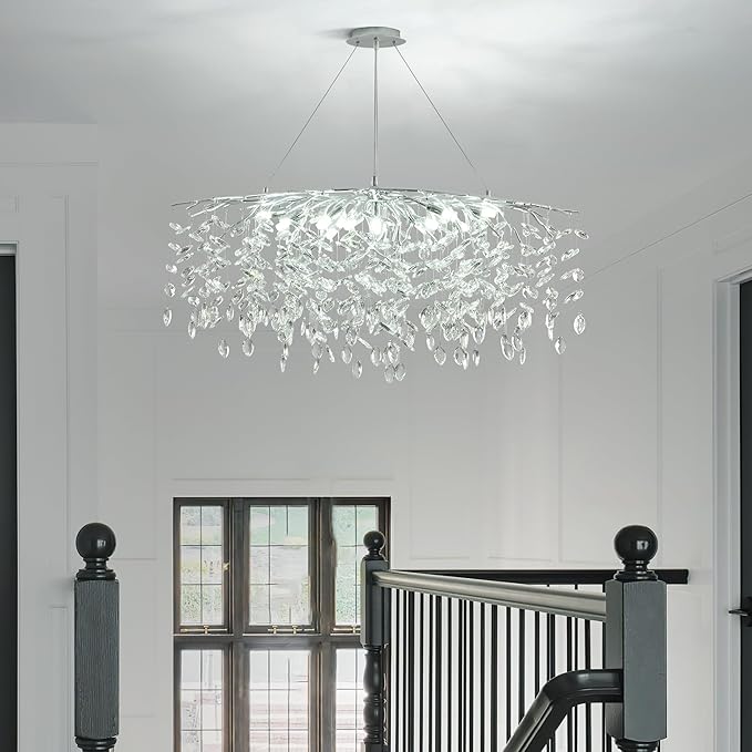 Modern Silver Crystal Tree Branch Chandelier, Rectangle Linear Art Deco Raindrop Lighting Fixture for Dining Room Living Room 12 Lights L40''