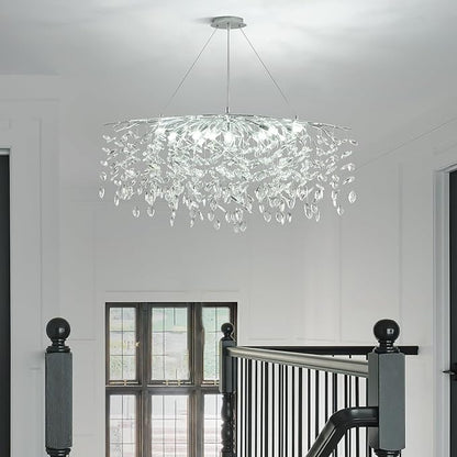 Modern Silver Crystal Tree Branch Chandelier, Rectangle Linear Art Deco Raindrop Lighting Fixture for Dining Room Living Room 12 Lights L40''