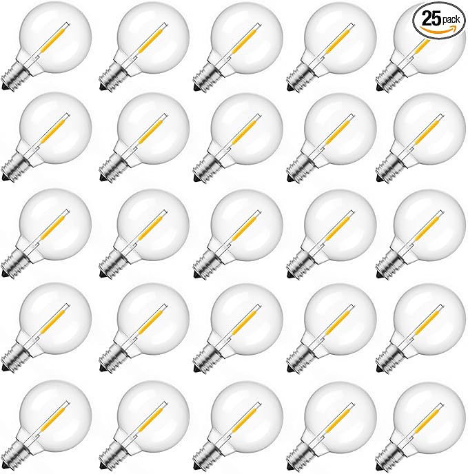 G40 Led Replacement Light Bulbs 1W Shatterproof Globe Bulb fits E12 Candelabra Screw Base, 1.5 Inch Dimmable Light Bulbs for Indoor Outdoor String Lights, Patio Cafe Decor, Warm White, 25 Pack