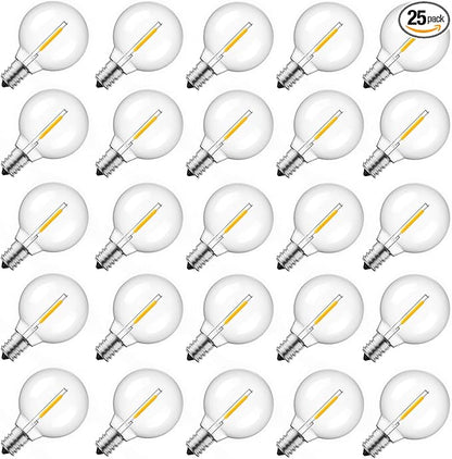 G40 Led Replacement Light Bulbs 1W Shatterproof Globe Bulb fits E12 Candelabra Screw Base, 1.5 Inch Dimmable Light Bulbs for Indoor Outdoor String Lights, Patio Cafe Decor, Warm White, 25 Pack