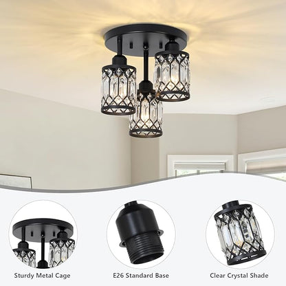 PAUFUL Semi Flush Mount Ceiling Light,3-Light Modern Crystal Close to Ceiling Light Fixtures, Black Kitchen Light Fixtures with Clear Crystal Shade,Hallway Light Fixtures for Hallway Bedroom Bathroom
