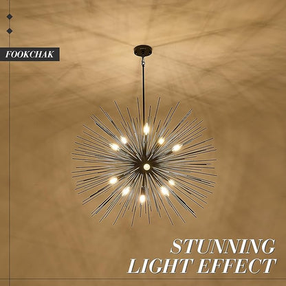 35in Black Sputnik Chandelier 12-Light Starburst Chandelier Light Fixture Solid Metal Mid-Century Modern Satellite Light Fixture for High Ceiling Living Room Dining Room Foyer, E12