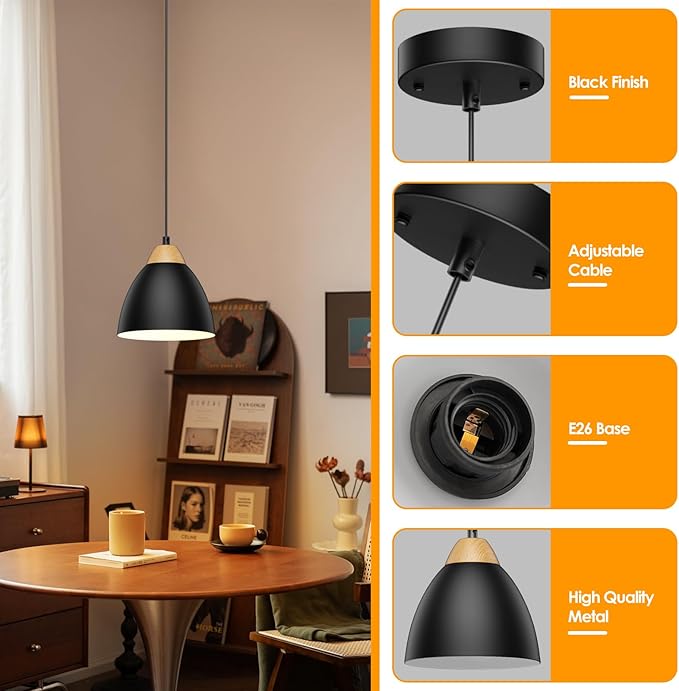 3 Pack Pendant Lights for Kitchen Island, 5.9" Cone Metal Shade Adjustable Height Black Small Hanging Lamps for Dining Room Light Fixtures Over Table Modern Ceiling Fixture