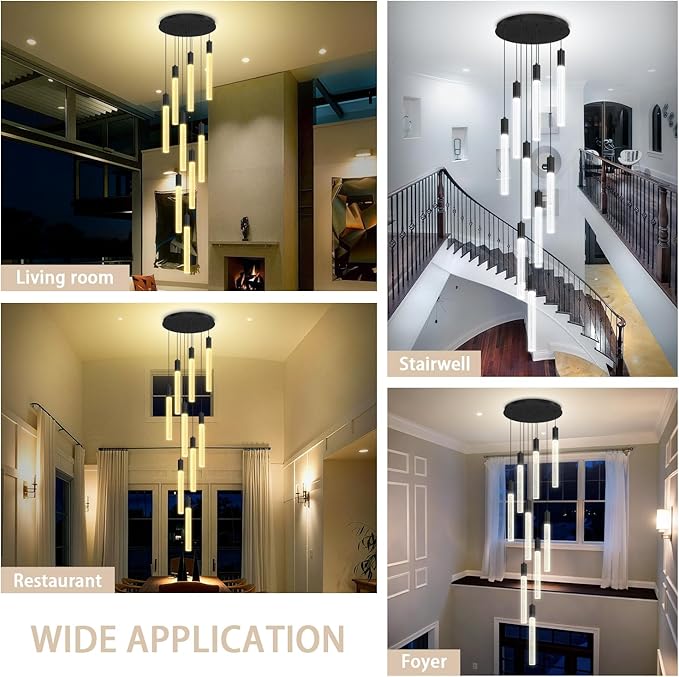 Modern 9-Light Crystal Chandelier – 98" High Ceiling Design Black Dimmable LED Pendant Light for Foyer Living Room Hallway Staircase