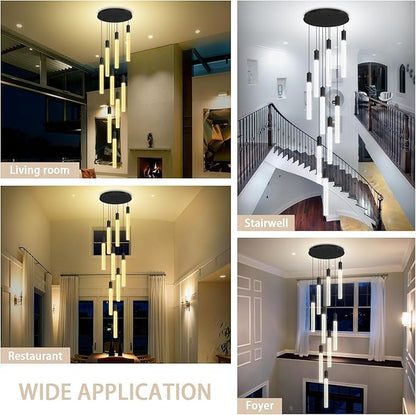 Modern 9-Light Crystal Chandelier – 98" High Ceiling Design Black Dimmable LED Pendant Light for Foyer Living Room Hallway Staircase