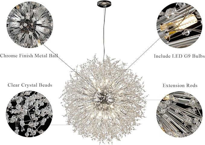 Large Sputnik Chandelier, Round Firework Hanging Lamp, Dandelion Farmhouse 24-Light, Modern Crystal Pendant Light Fixture for Living Room Kitchen Island Bedroom Dining Room (Chrome, D39.3inch)