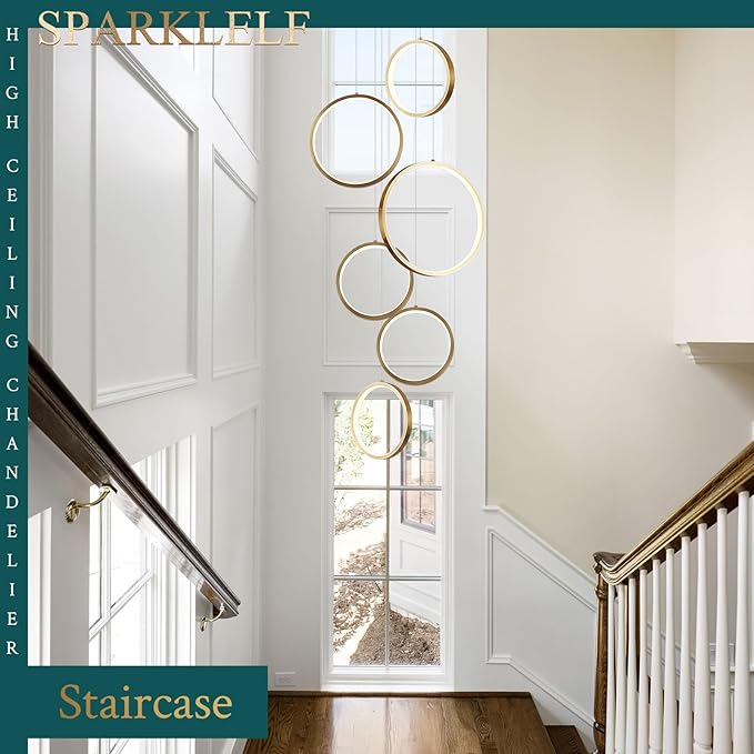6 Rings Modern LED Chandelier for High Ceiling Dimmable Gold Contemporary Pendant Light Fixture Long Foyer Chandelier for Entryway Staircase Dining Room Living Room, 3000-6500K