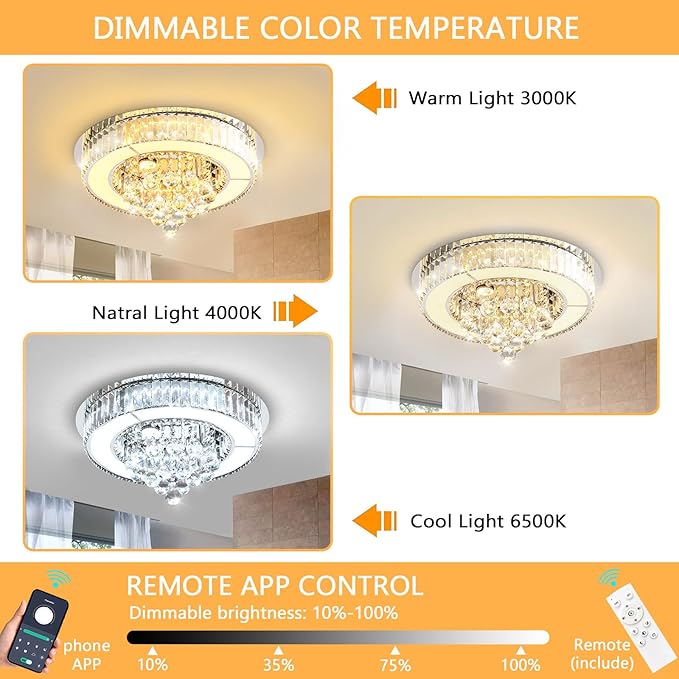 19.6" Silver Modern Crystal Chandeliers for Dining Room LED Dimmable Light Fixtures Flush Mount Light Living Room Bedrooms