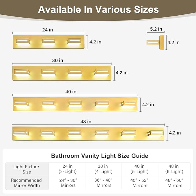 LED Modern Bathroom Light Fixtures, 6-Light 48-Inch Gold Vanity Lights for Bathroom Lighting Fixtures Over Mirror, 6000K Cool White 350° Rotatable Wall Lamp