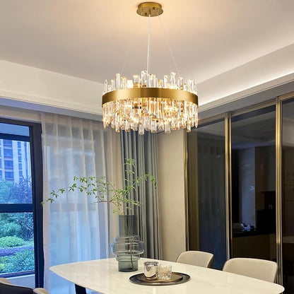 Siljoy Modern Gold Round Crystal Chandelier, 12-Light Luxury 2-Tiers K9 Crystal Raindrop Chandelier, Dimmable Crystal Ceiling Light for Dining Room Living Room Bedroom Foyer D19.7''