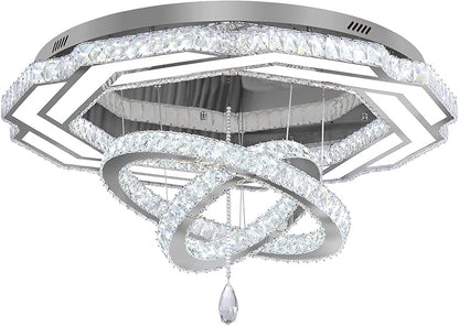Flashing God Large Crystal Chandelier Dia 48" Silver Chandelier Flush Mount Ceiling Light for Bedroom Living Room Dining Room Hallway Dimmable 3 Rings LED Celing Lighting Fixtures