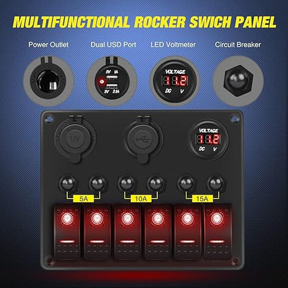 Nilight 6 Gang ON Off Rocker Switch Panel Red Backlit 12V 24V LED Digital Voltmeter 3.1A Dual USB Charger Cigarette Lighter Socket Overload Protection for Cars RVs Boats (90122F)