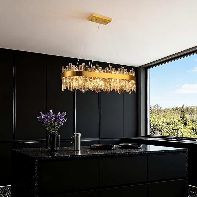 Weesalife Gold Crystal Chandeliers for Dining Room Lights Fixtures Over Table, 16 Lights Modern Rectangle 2-Tier Chandeliers for Kitchen Island Bar L32 Inch