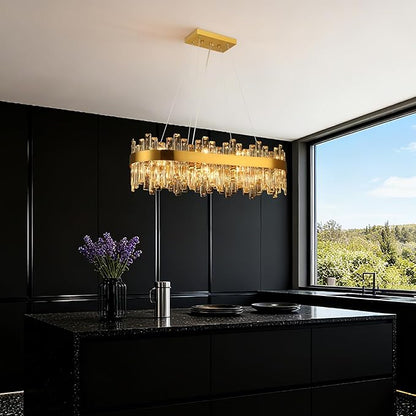 Weesalife Gold Crystal Chandeliers for Dining Room Lights Fixtures Over Table, 16 Lights Modern Rectangle 2-Tier Chandeliers for Kitchen Island Bar L32 Inch