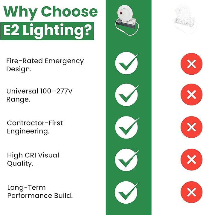E2 LIGHTING 4" Down Light with Battery Backup (2Hrs Fire-Rated), 5CCT Tunable 2700K–5000K, 9W 100–277V Triac Dimmable 800Lm, 90 CRI LED Ceiling Light for Indoor Commercial and Residential