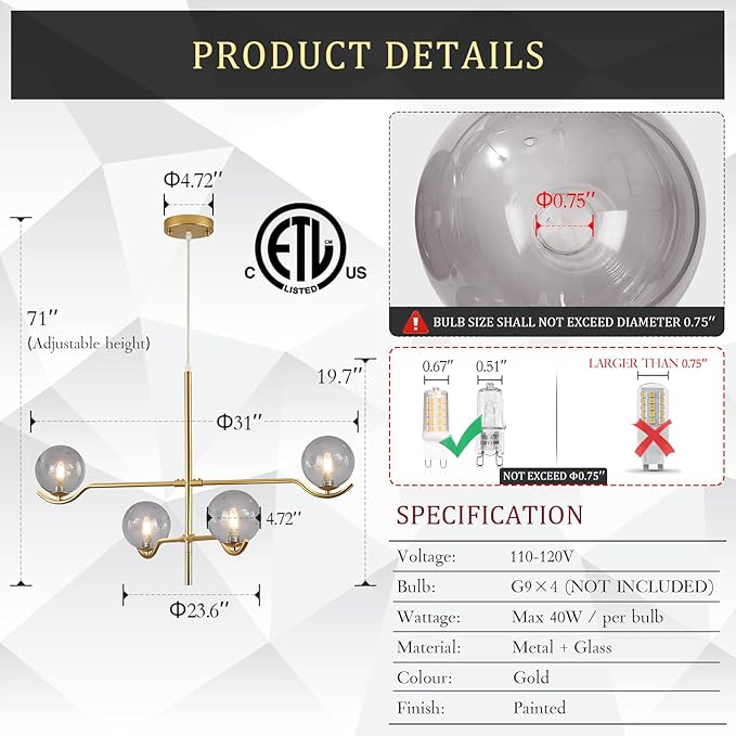 CATINER Gold Sputnik Chandelier, Large Modern 4 Lights L31 '' Mid Century Long Ceiling Pendant Light Fixture with Smoke Glass Globe Shades for High Ceiling Living Dining Room Foyer Bedroom