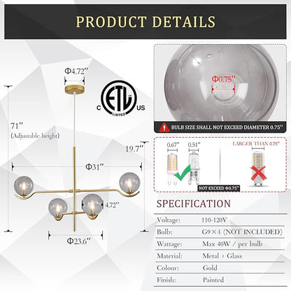 CATINER Gold Sputnik Chandelier, Large Modern 4 Lights L31 '' Mid Century Long Ceiling Pendant Light Fixture with Smoke Glass Globe Shades for High Ceiling Living Dining Room Foyer Bedroom