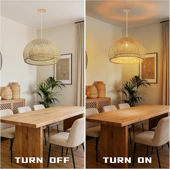 Arturesthome 1 Light Bamboo Dome Pendant Lighting, Coastal Handwoven Ceiling Lampshade Chandelier, Hanging Lamp Light Fixture for Kitchen Living Room