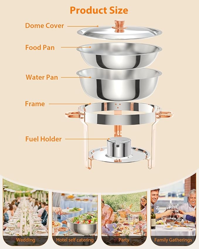 5QT 4 Packs Chafing Dish Buffet Set, Round Stainless Steel Chafers and Warmers Food Servers Sets with Lid & Lid Holder, Spoon & Tweezer for Catering Events Parties Weddings Dinners (Rose Gold, 4 Pack)
