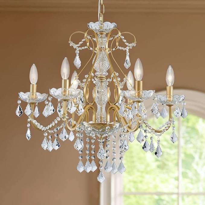 Bestier Gold Vintage Candle Chandelier Crystal Lighting Fixture Lamp for Dining Room Bathroom Foyer Livingroom 6 E12 Bulbs Required D24 in x H26 in