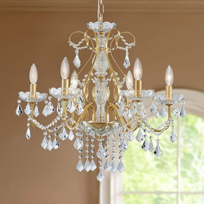 Bestier Gold Vintage Candle Chandelier Crystal Lighting Fixture Lamp for Dining Room Bathroom Foyer Livingroom 6 E12 Bulbs Required D24 in x H26 in