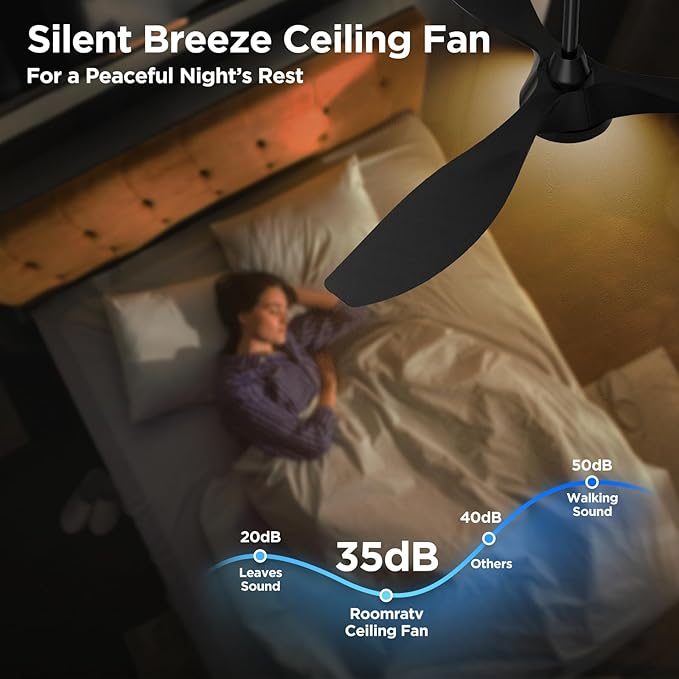 Roomratv Ceiling Fans with Lights and Remote Control,Quiet Noiseless Reversible DC Motor,6 Speeds,Timers, 3 CCT, Indoor Use, Plastic Blades,52 Inch Black Modern Ceiling Fan for Bedroom Living Room