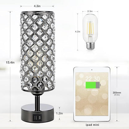 Hong-in Crystal Table Lamp,Black Lamp with USB C+A Ports, 3 Way Dimmable Light with Crystal Lampshade, Bedside Lamp Small Touch Light for Living Room Bedroom, Charge Phone (Bulb Included)