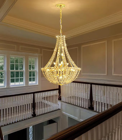 Luxury Large Empire Chandelier High Ceiling Crystal Chandeliers for Foyer Gold Light Fixture for Staircase Living Room E12 Bulbs Required