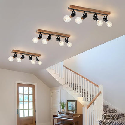 SEEBLE 4-Light Rectangular Flush Mount Ceiling Light, Linear Wood Track Lighting with Adjustable Spotlights, Farmhouse Kitchen Ceiling Light for Dining Room Hallway Bathroom