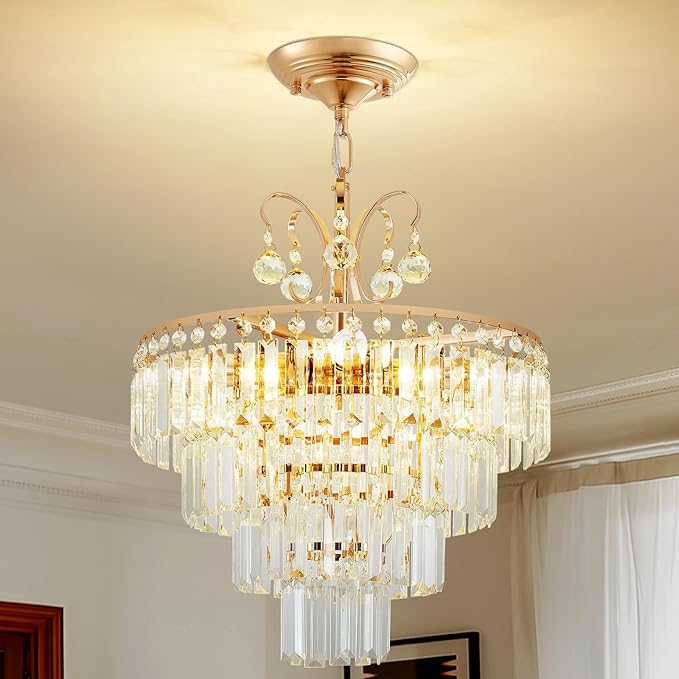 4 -Lights Crystal Chandelier,20'' Gold Crystal Chandeliers,4 Tier Semi Flush Mount Chandelier Modern Luxury Gold Flush Mount for Living Room Dining Bedroom Kitchen E12 Base