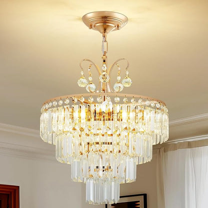 4 -Lights Crystal Chandelier,20'' Gold Crystal Chandeliers,4 Tier Semi Flush Mount Chandelier Modern Luxury Gold Flush Mount for Living Room Dining Bedroom Kitchen E12 Base