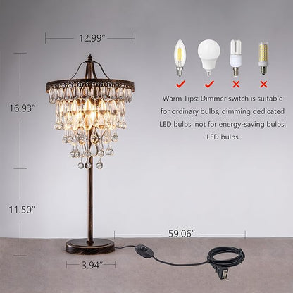 TOCHIC 3 Lights Crystal Table Lamp for Living Room, Bedside Table Lamp for Bedroom Dimmable Control, 28" Tall Bronze Antique Modern Desk Nightstand Lamp for Entryway, Staircase, Home Office